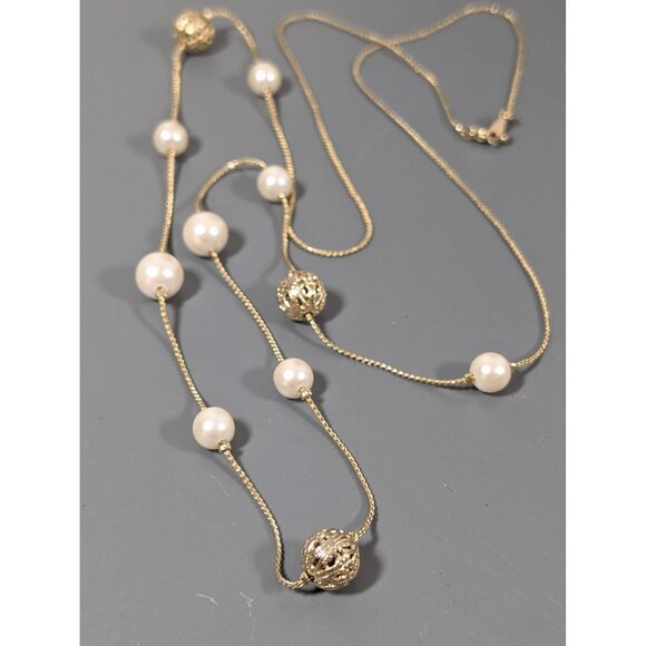 Retro Gold Tone Filigree Ball Faux Pearl Station Chain Long Layering Necklace 36 - Picture 3 of 9